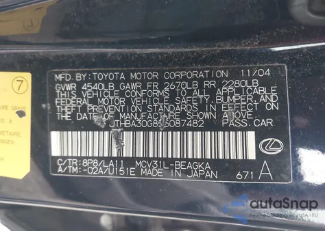 2005 Lexus Es 330 z USA, uszkodzony, nr VIN JTHBA30G855087482